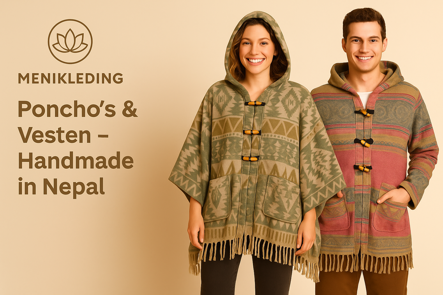 Man en vrouw dragen bohemian poncho’s van zachte wolmix in beige-groene en roze-groene tinten, handgemaakt in Nepal – categorie Poncho’s & Vesten – Menikleding.