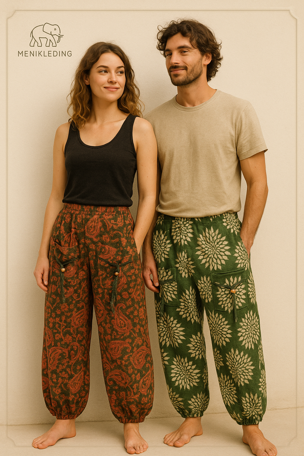 Man en vrouw dragen bohemian harem broeken van zachte wolmix in rood-groen en groen-wit prints, handgemaakt in Nepal – categorie Unisex Bohemian Broeken – Menikleding.