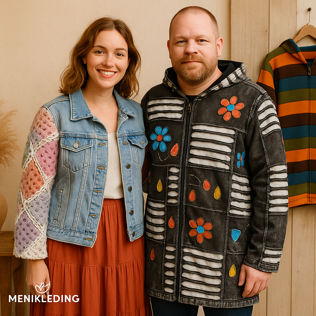 Categorieafbeelding met drie boho jasjes en vesten – denim jasje met gehaakte mouwen, lang patchwork vest en kleurrijk katoenen boho vest – Menikleding.nl