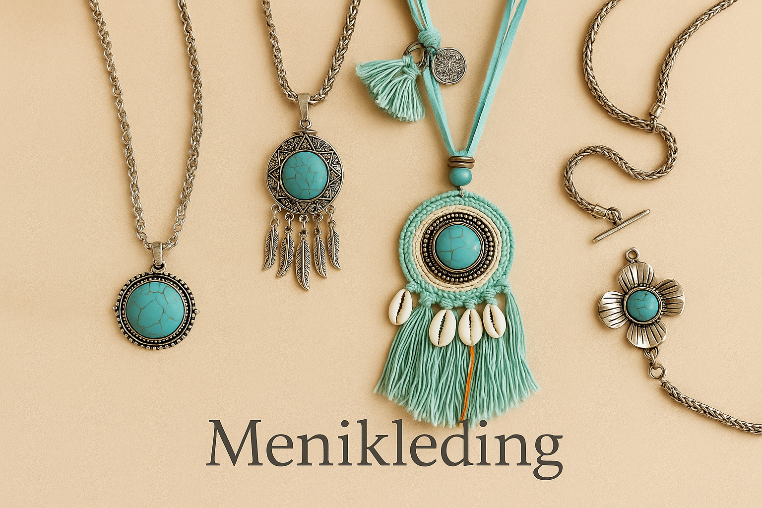 Vier boho kettingen met turkooisstenen en zilverkleurige details op een beige achtergrond – Menikleding collectie Kettingen & Hangers.