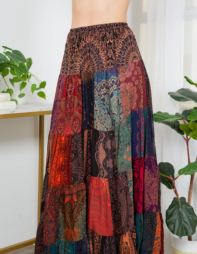 Lange Bohemian Patchwork Maxi-Rok van 100% Rayon – Handgemaakt in Nepal