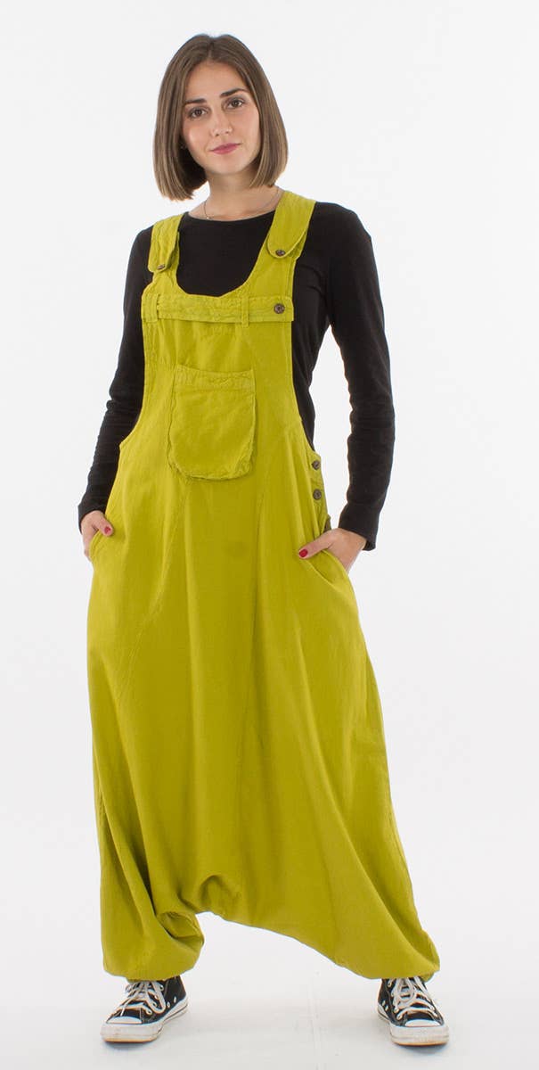 Dames salopette geel lang - overall jumpsuit met zwarte longsleeve