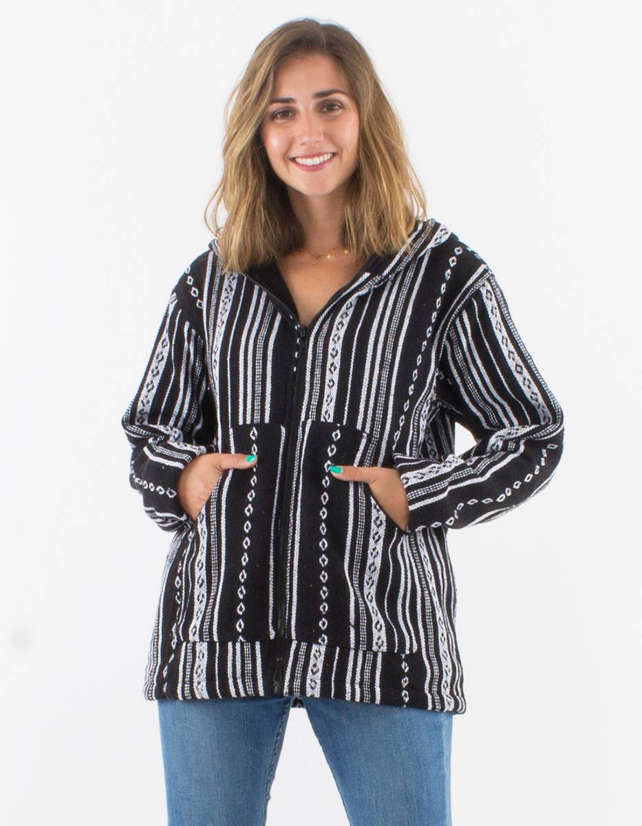 Dames hoodie zwart wit gestreept - bohemian sweater met etnische print geometrisch