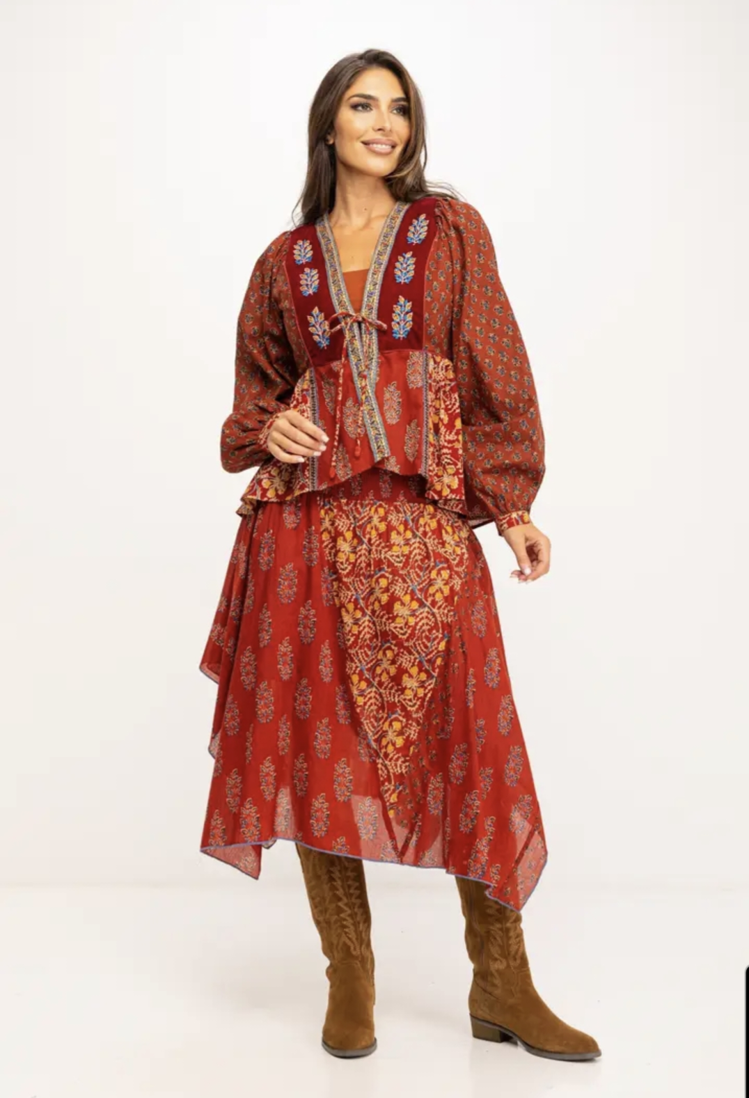Boho outfit dames rood - matching blouse en midi rok paisley print