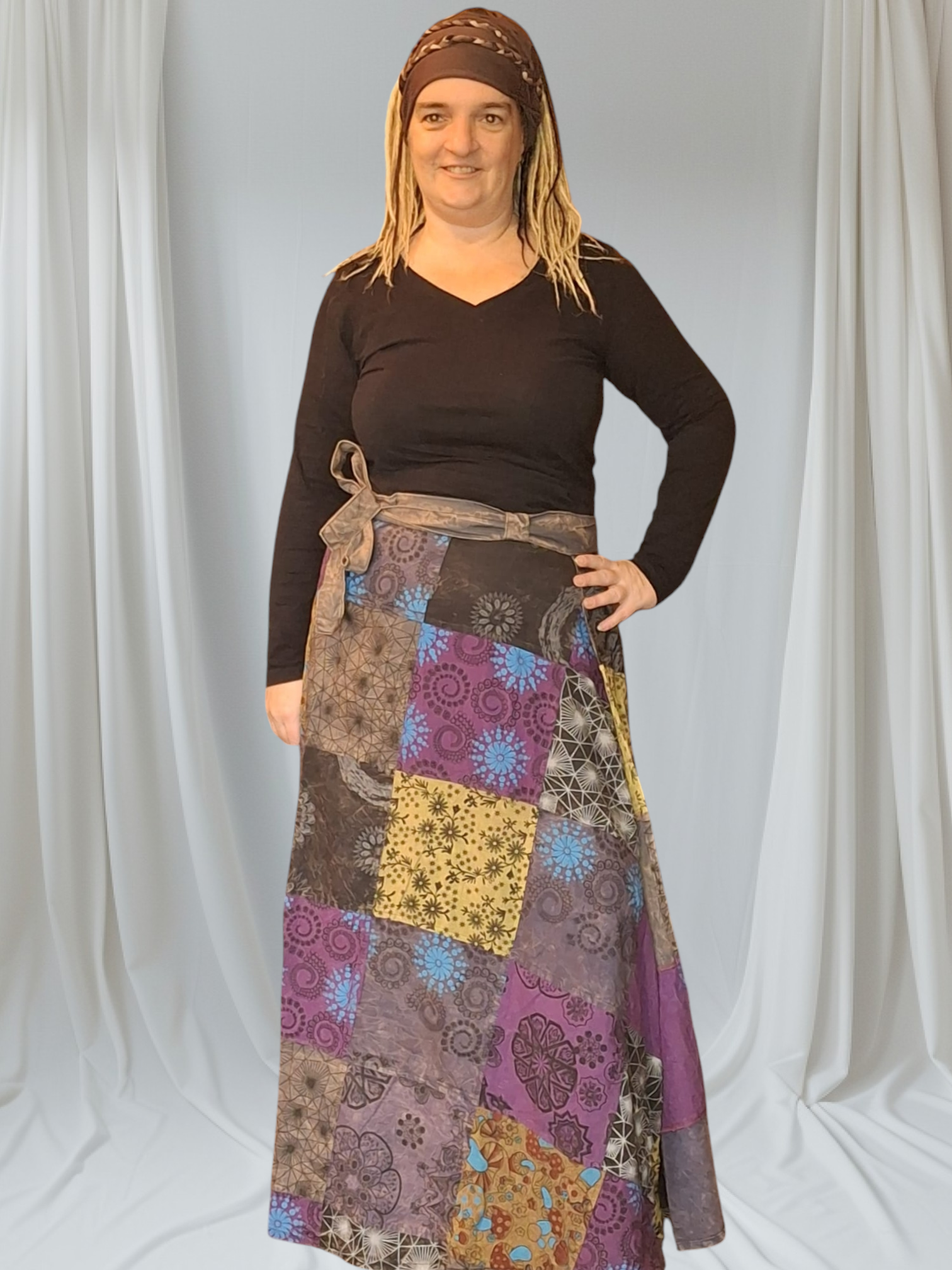 Lange patchwork rok multicolor - bohemian maxi rok met mandala print paars geel