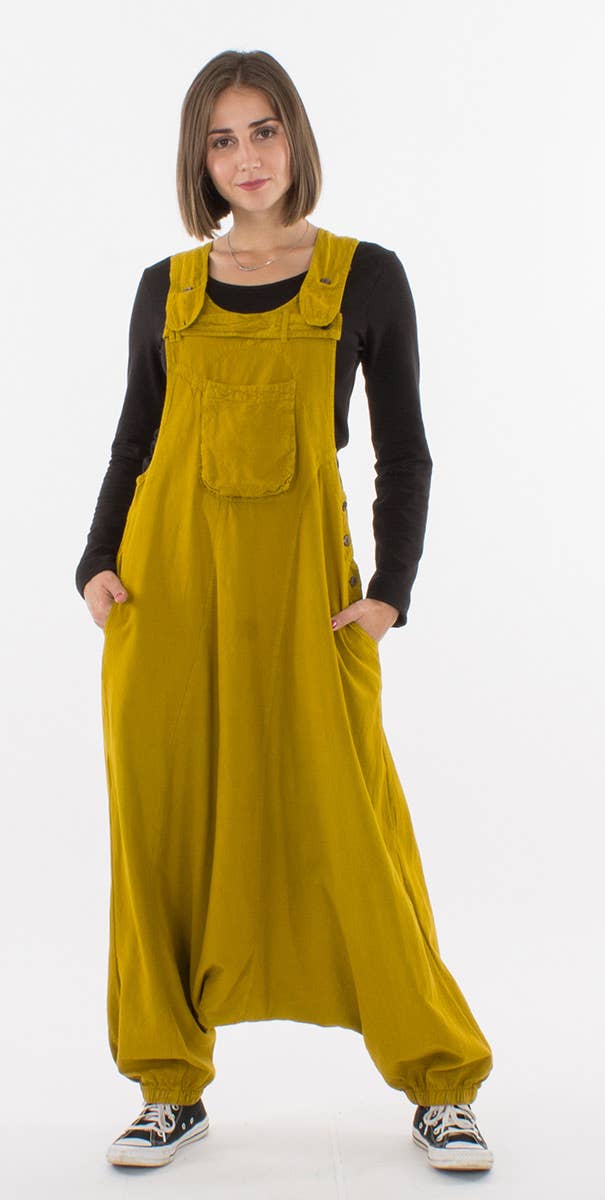 Dames salopette geel lang - overall jumpsuit met zwarte longsleeve