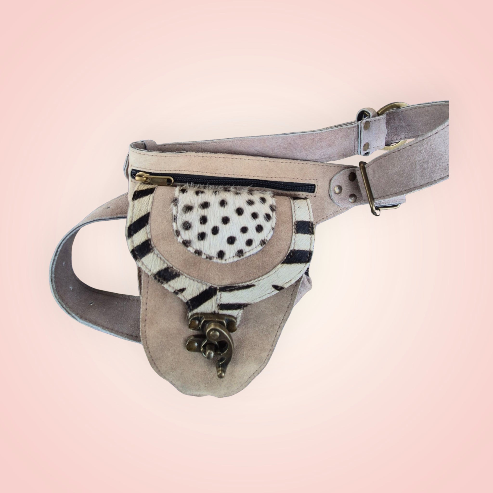 Bohemian heuptas leer beige - belt bag met zebra en dalmatier print