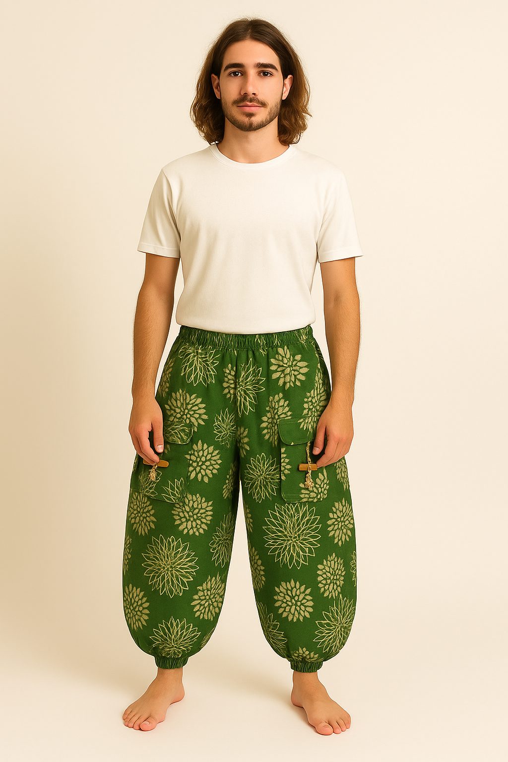 Bohemian harem broek van zachte wolmix met houten sluiting, handgemaakt in Nepal – Menikleding