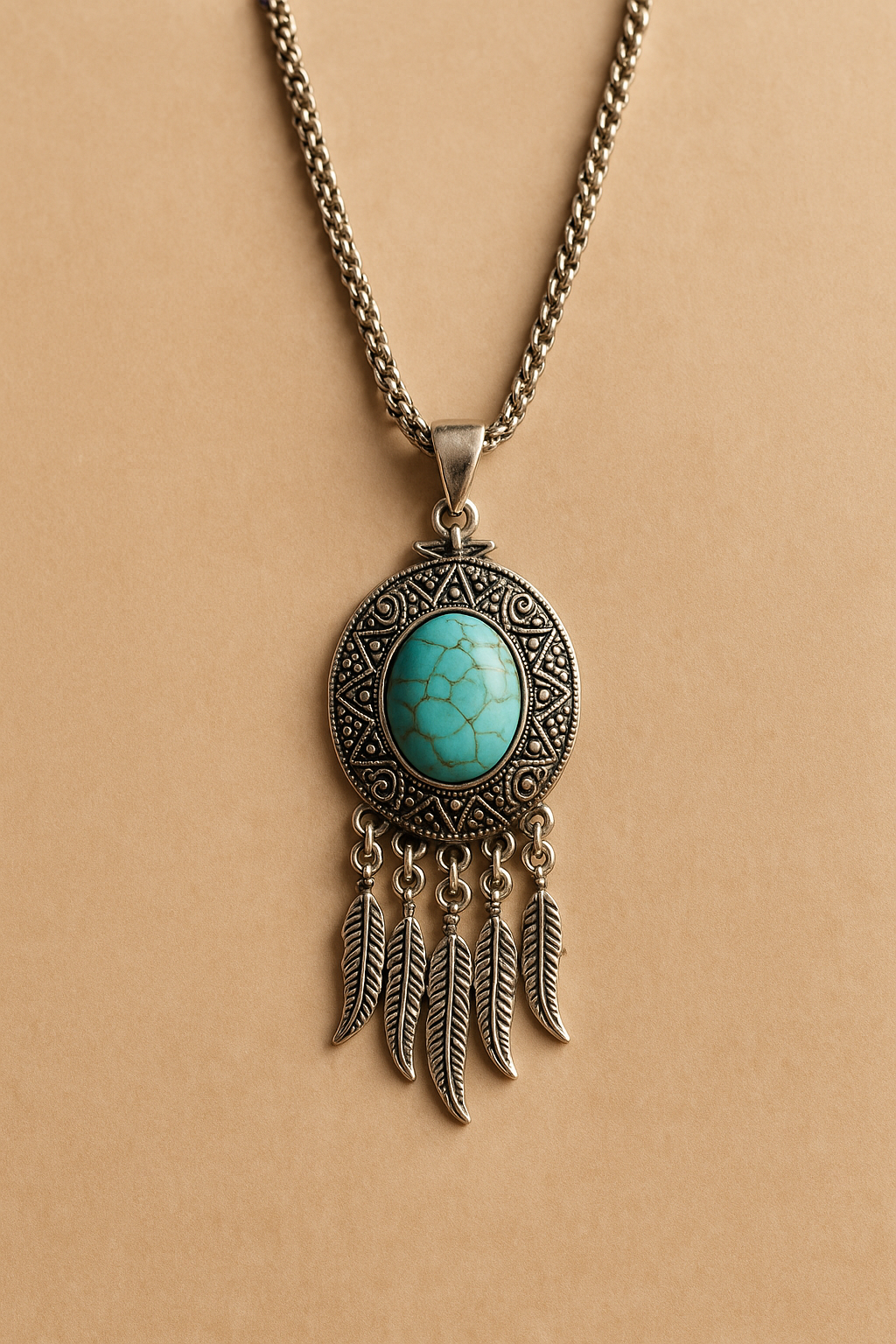 Turkoois Zilverkleurige Ketting met Veren – Boho Spirit Style