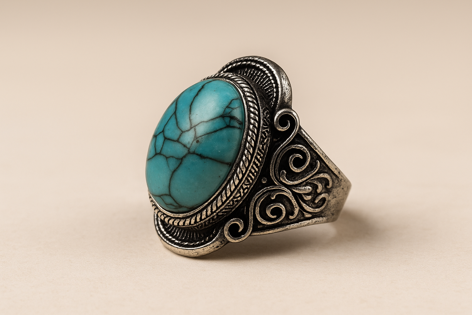 Boho ring met ovale turquoise steen – zijaanzicht van vintage zilverkleurig design, Menikleding collectie.