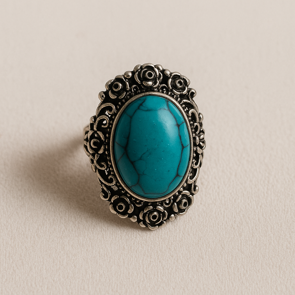 Turkoois Zilverkleurige Ring met Bloemmotief – Boho Vintage Stijl