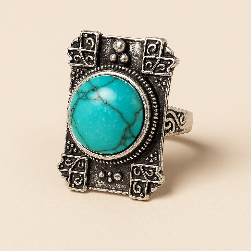 Bohemian Ring met Turquoise Steen – Rechthoekig Vintage Design | Menikleding