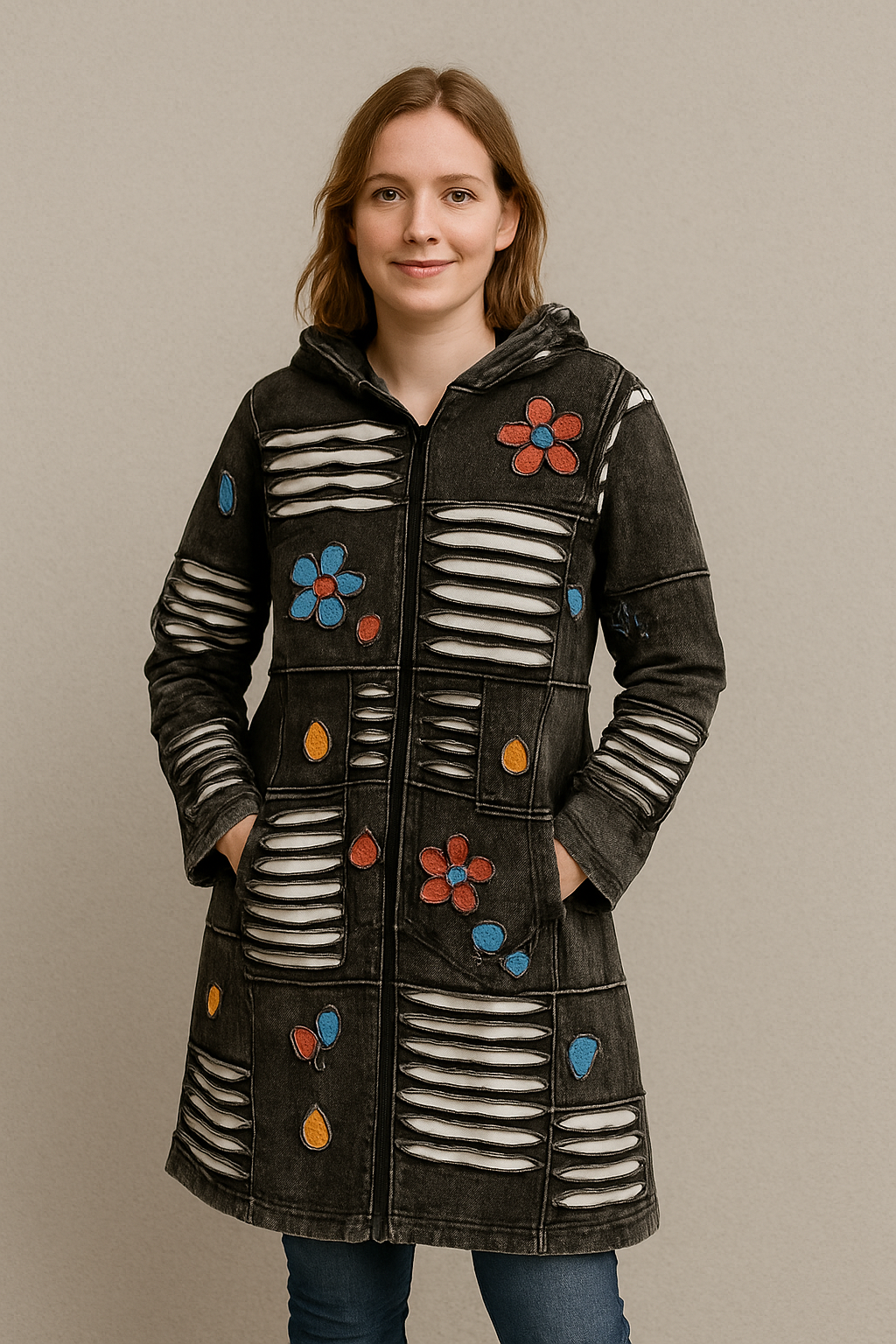 Lang boho vest met bloemenborduursels en patchwork in zwart-wit katoen β handgemaakt in Nepal β Menikleding.nl