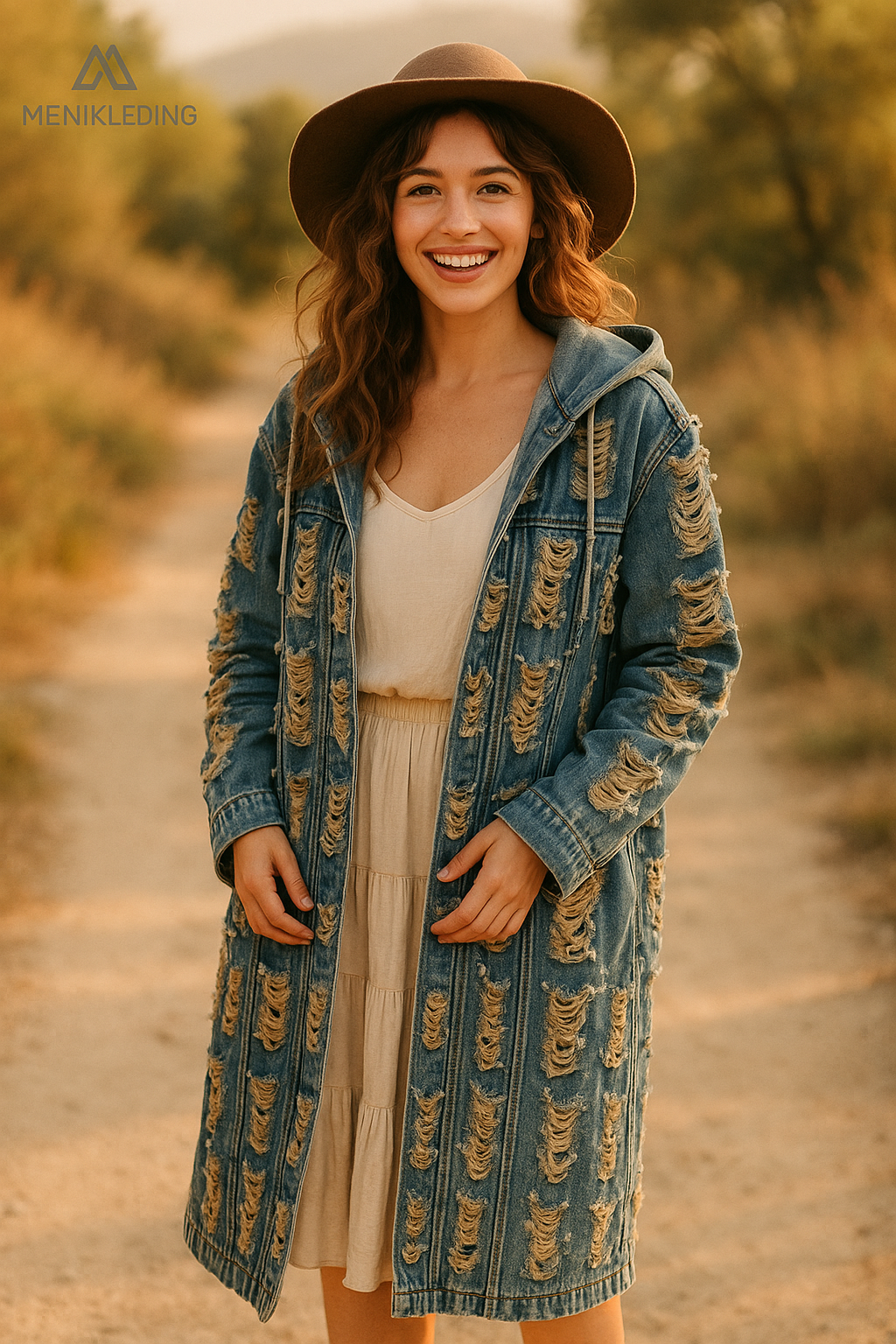 Vrouw in bohemian stijl draagt een lange, gehavende spijkerjas met capuchon van Menikleding, handgemaakt in Nepal, op een zandpad in de natuur bij zonsondergang.