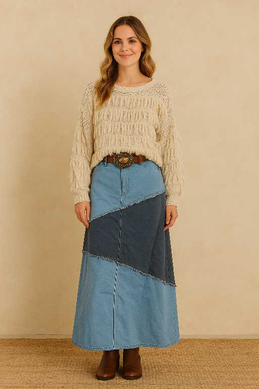 Model met handgemaakte patchwork denimrok in denim blue mix met stretch-taille en boho uitstraling – Menikleding.