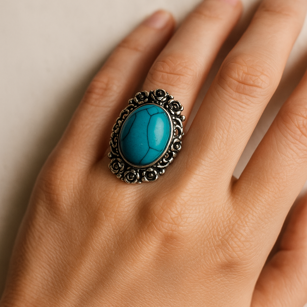 Turkoois Zilverkleurige Ring met Bloemmotief – Boho Vintage Stijl