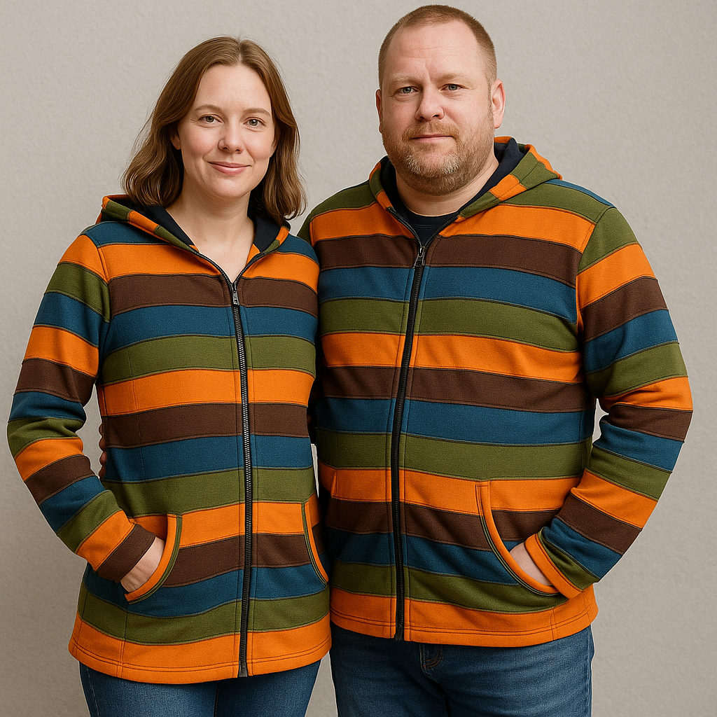 Man en vrouw samen met unisex boho vest met multicolor strepen van katoen β duurzame mode van Menikleding.nl