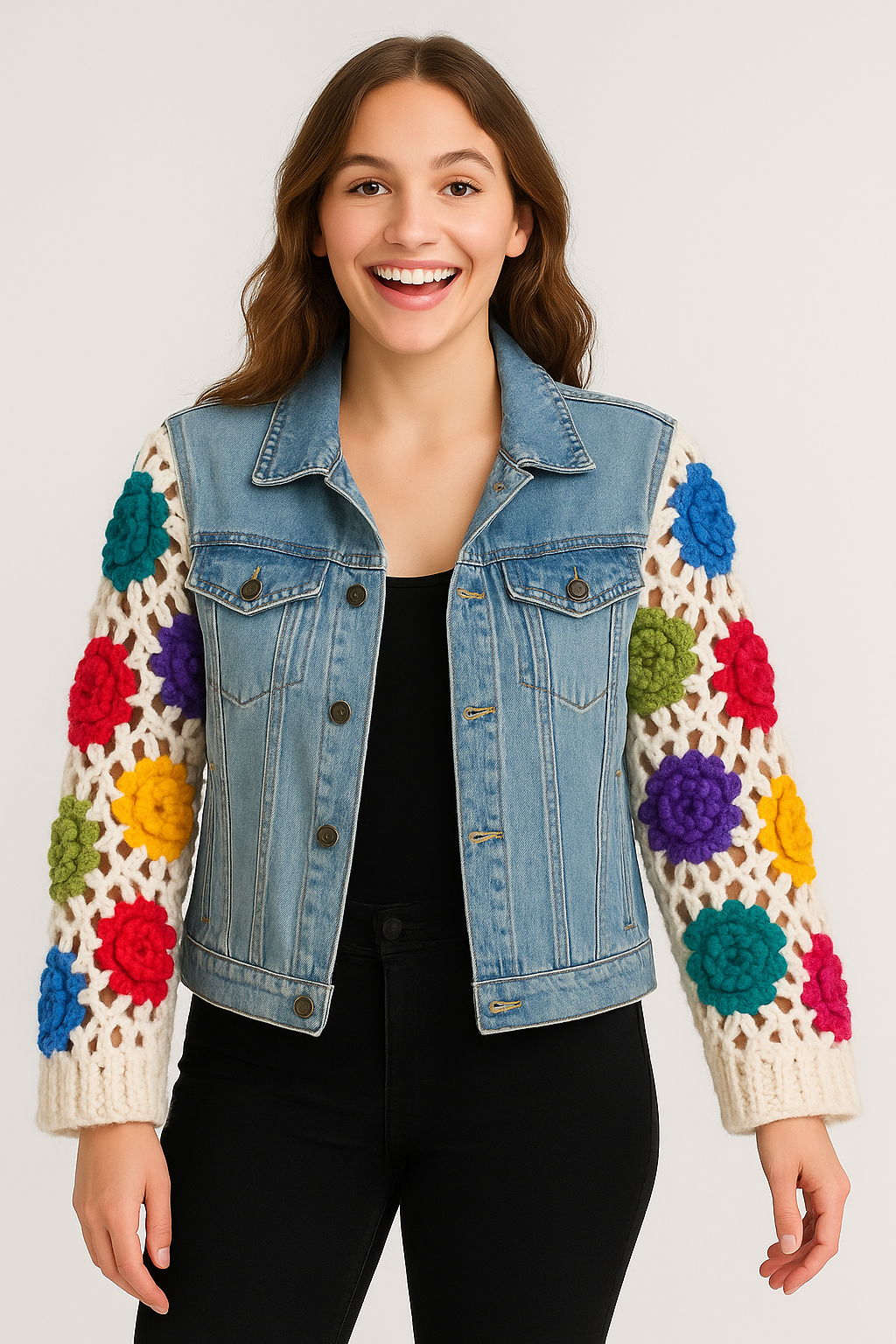 Vrolijke boho spijkerjas met gehaakte multicolor bloemenmouwen β handgemaakt denim jasje met kleurrijke granny square details, model lacht speels β Menikleding.