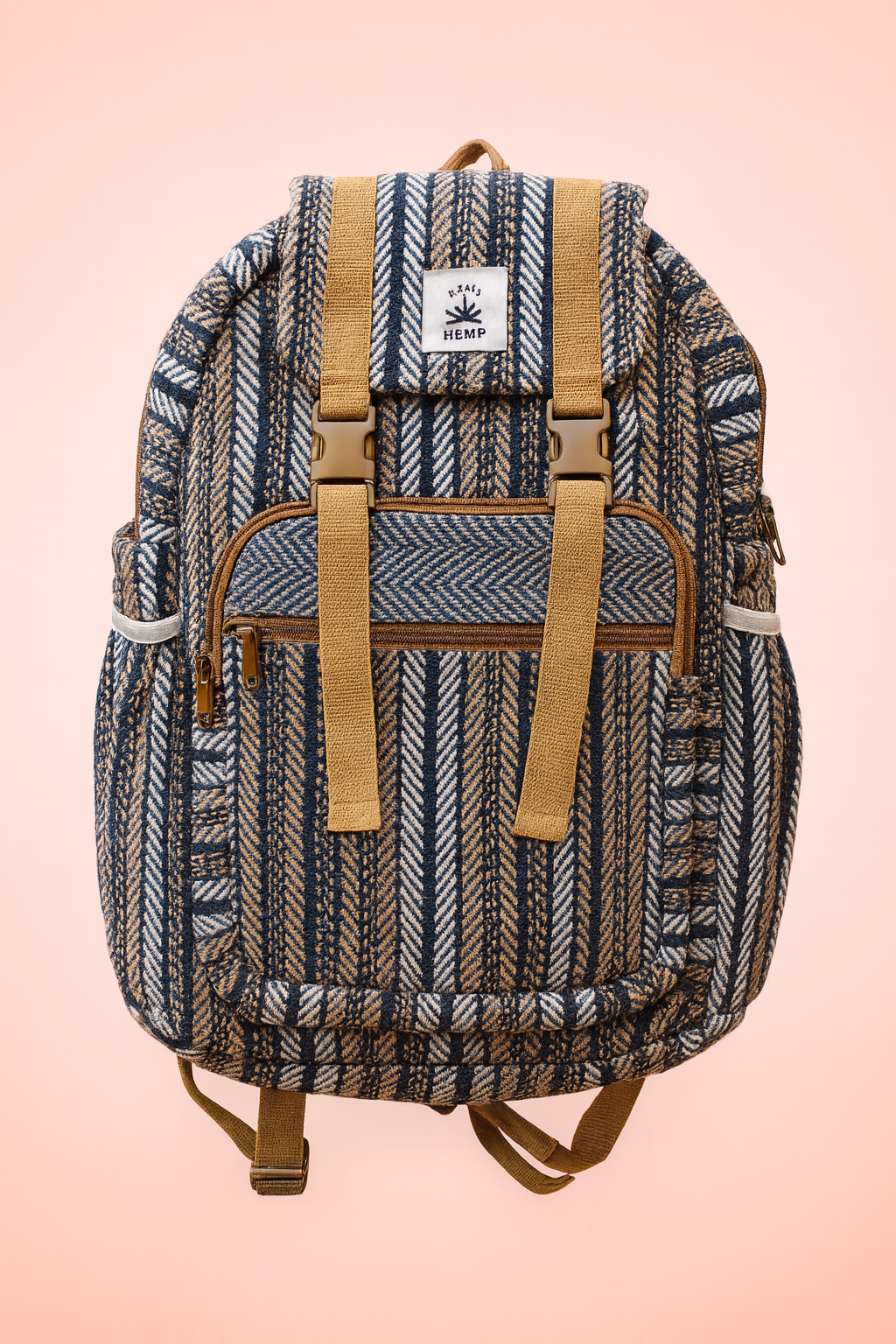 Traditionele Hemp Rugzak - Blauw-Wit Visgraatpatroon
