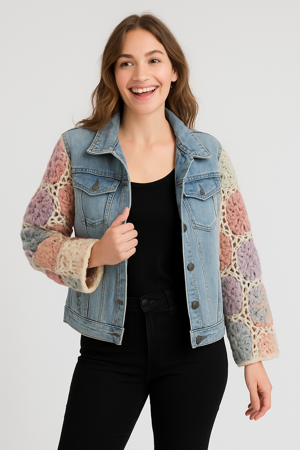 Boho jeansjasje met open voorkant en kleurrijke gehaakte mouwen β vrolijk handgemaakt model β Menikleding.nl