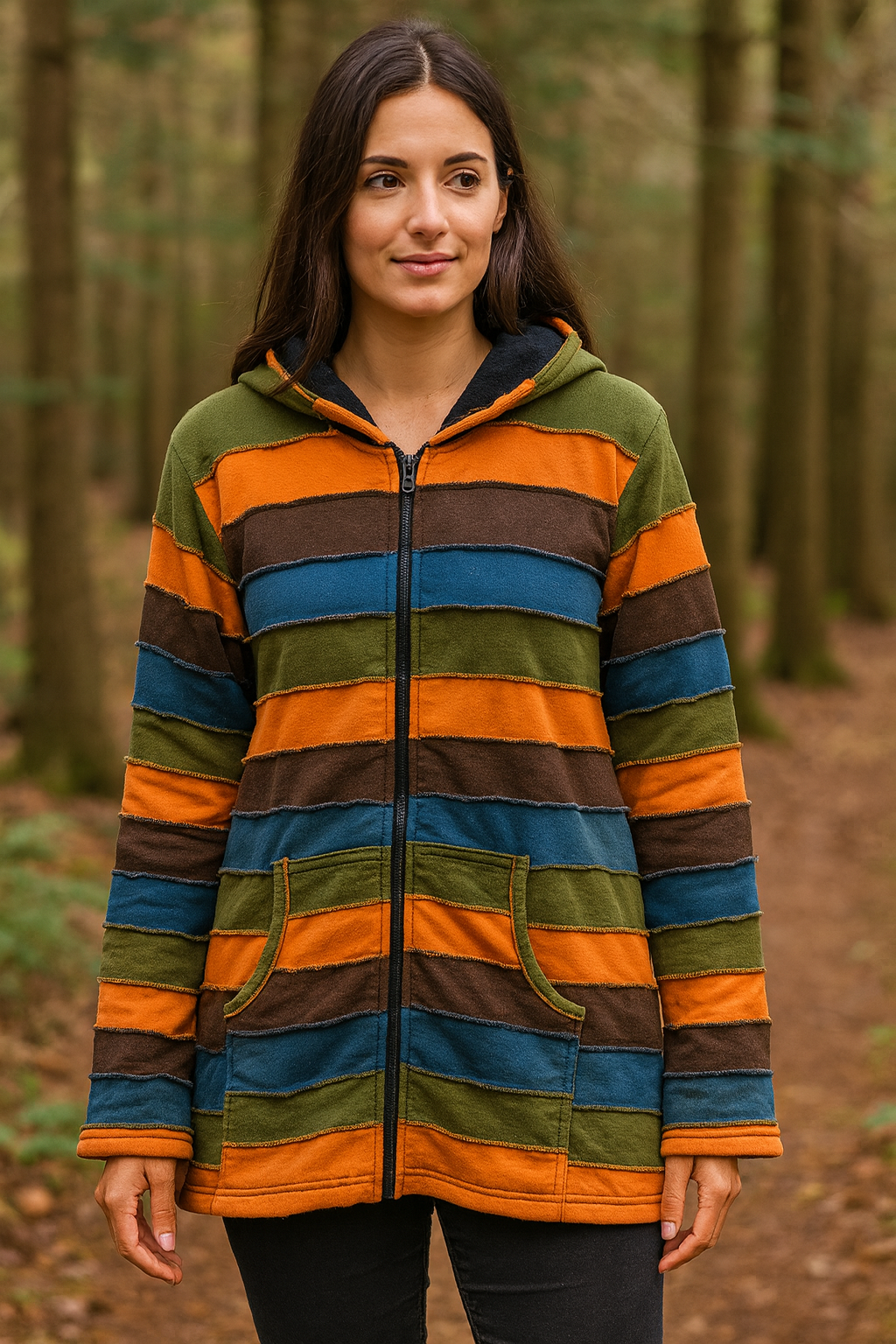 Vrouwelijk model met handgemaakt boho vest met kleurrijke strepen van katoen β Menikleding.nl