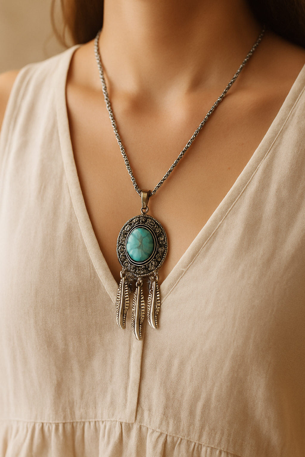 Turkoois Zilverkleurige Ketting met Veren – Boho Spirit Style