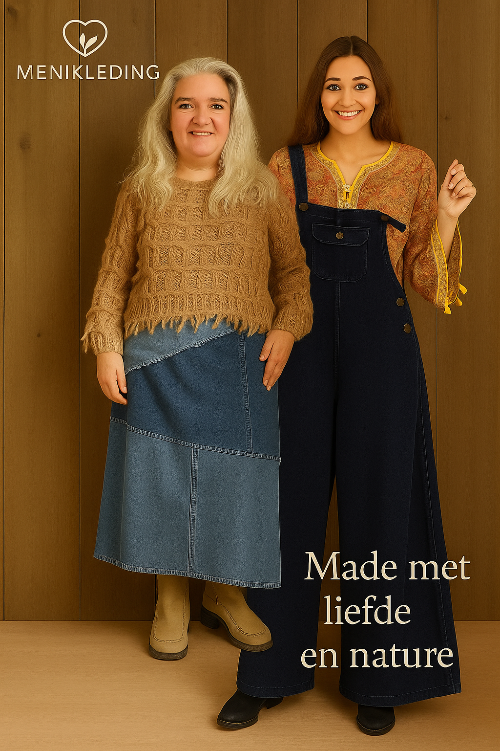 twee vrouwen in bohemian kleding – patchwork denim rok en boho overall – voor houten achtergrond. Menikleding bohemian favorieten en populaire producten.