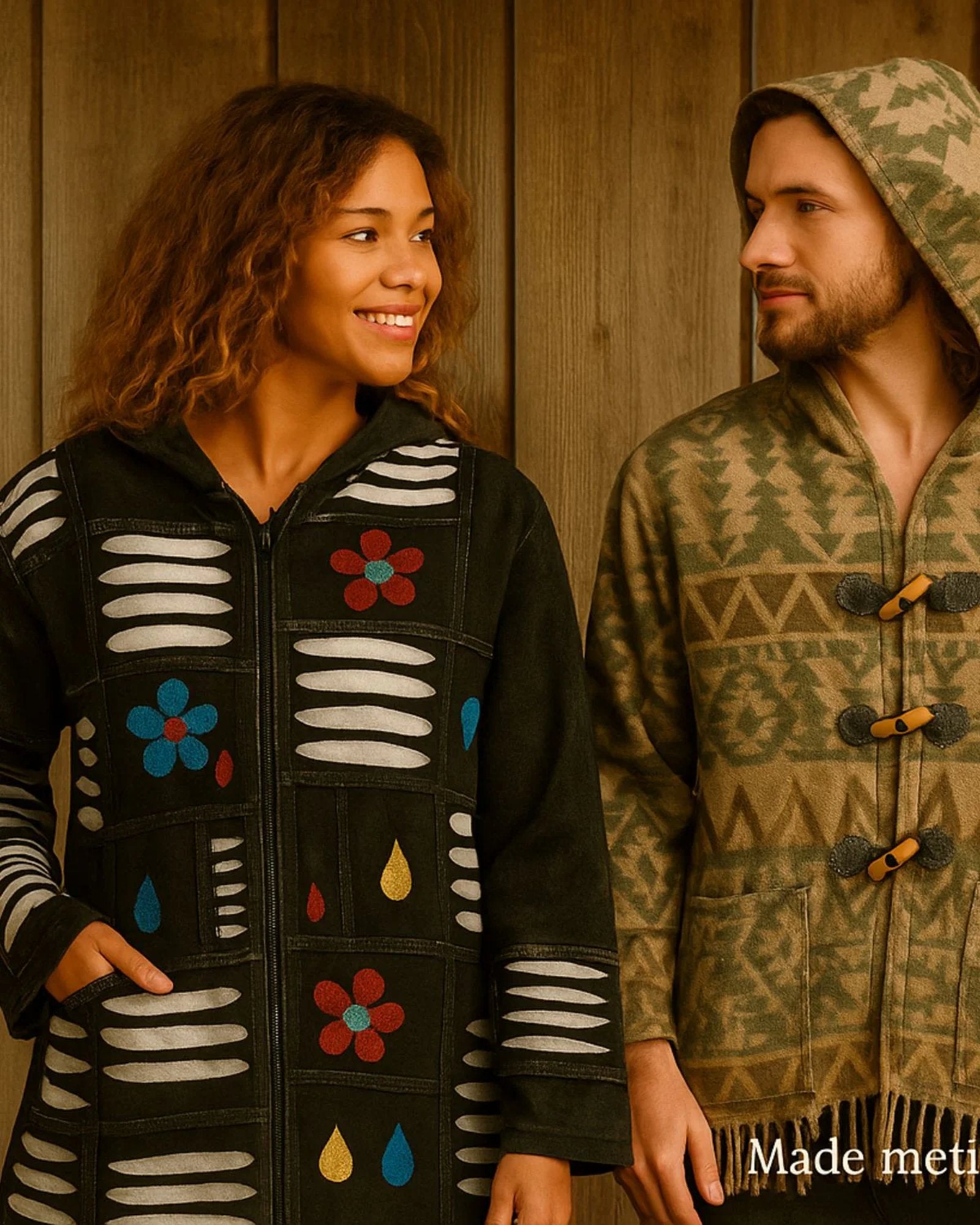 Boho man en vrouw in zachte natuurlijke setting met handgemaakte poncho en vest – Menikleding, Made met liefde en nature.