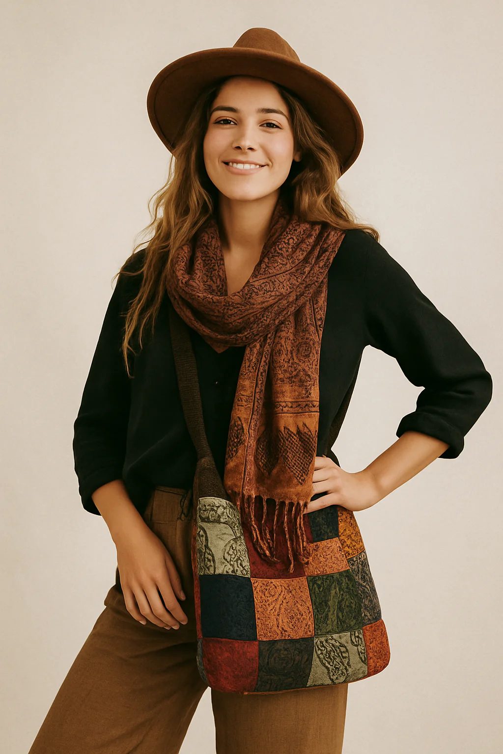 Boho model met bruine hoed, paisley sjaal en kleurrijke patchwork schoudertas – natuurlijke bohemian stijl van Menikleding