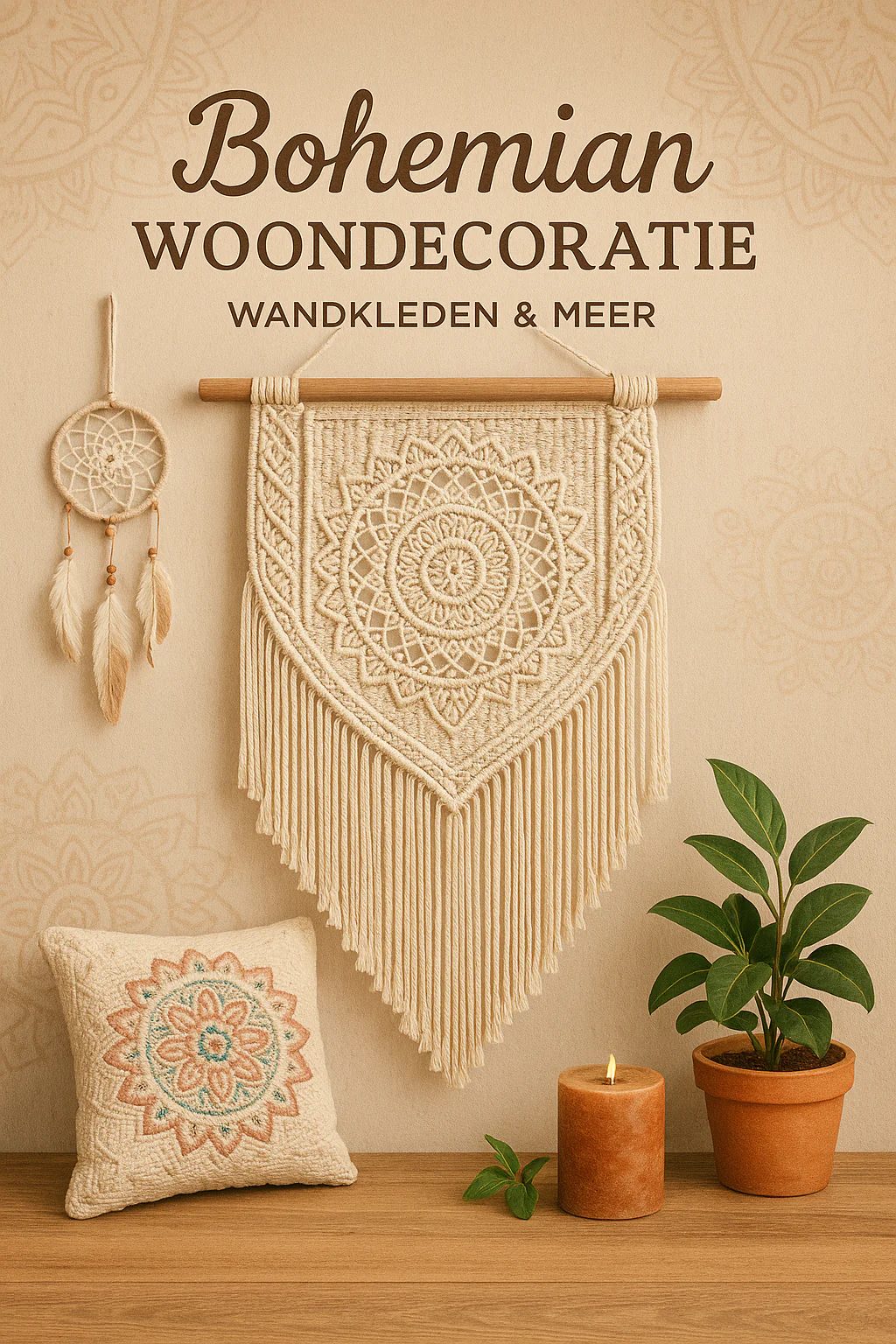 Bohemian woondecoratie – macramé wandkleed, dromenvanger, mandala kussen en kaars in natuurlijke setting – Menikleding