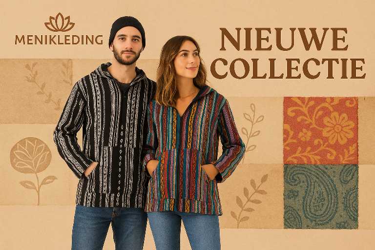 Nieuwe collectie boho hoodies van Menikleding – uniseks Baja hoodie in zwart-wit en kleurrijke boho hoodie, gedragen door mannelijke en vrouwelijke modellen.