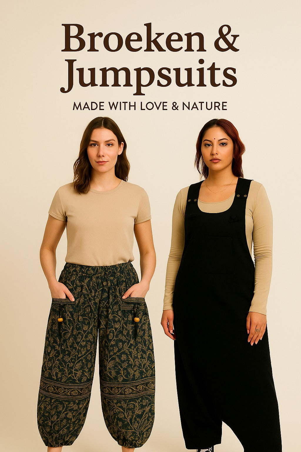 Bohemian harem broek en zwarte salopette jumpsuit – boho kleding voor dames, handgemaakt in Nepal, comfortabel, festival outfit, hippie style, duurzame fairtrade mode | Menikledin