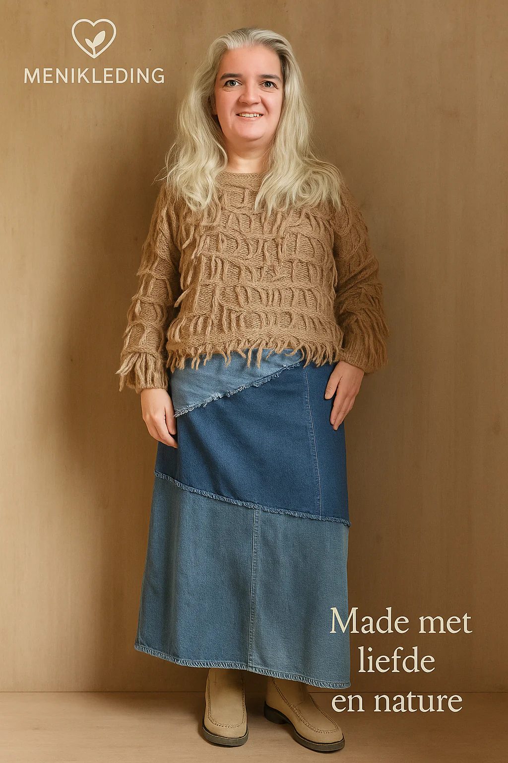 Model draagt beige boho trui en handgemaakte patchwork denim maxi-rok van gerecyclede Levi’s – Menikleding
