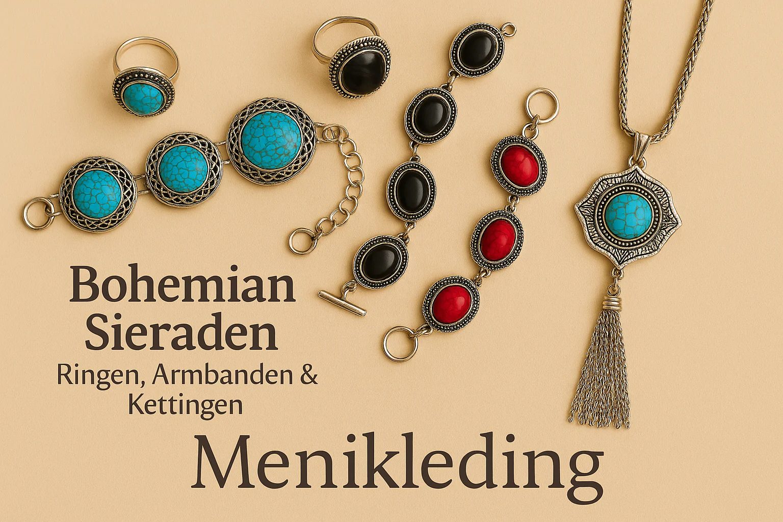 Bohemian sieraden van Menikleding — handgemaakte ringen, armbanden en kettingen met turquoise, zwarte en rode stenen op beige achtergrond