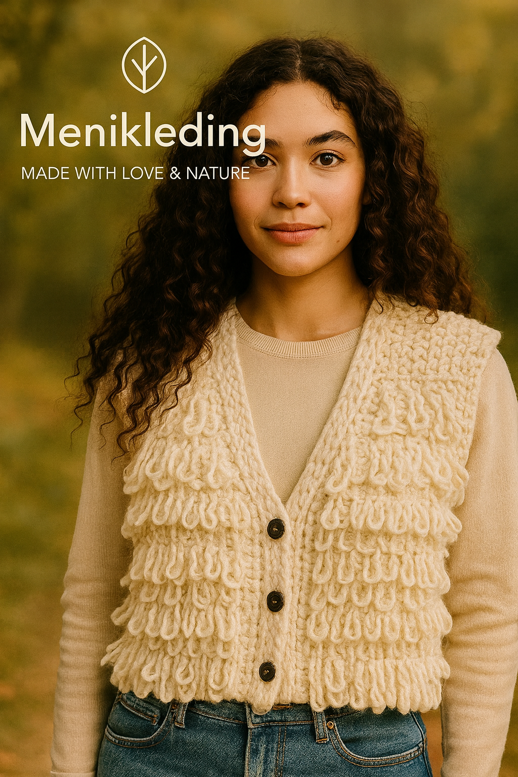 Handgemaakt boho wollen hesje in crème – warm gebreid gilet voor dames, duurzame Nepal knitwear – Menikleding