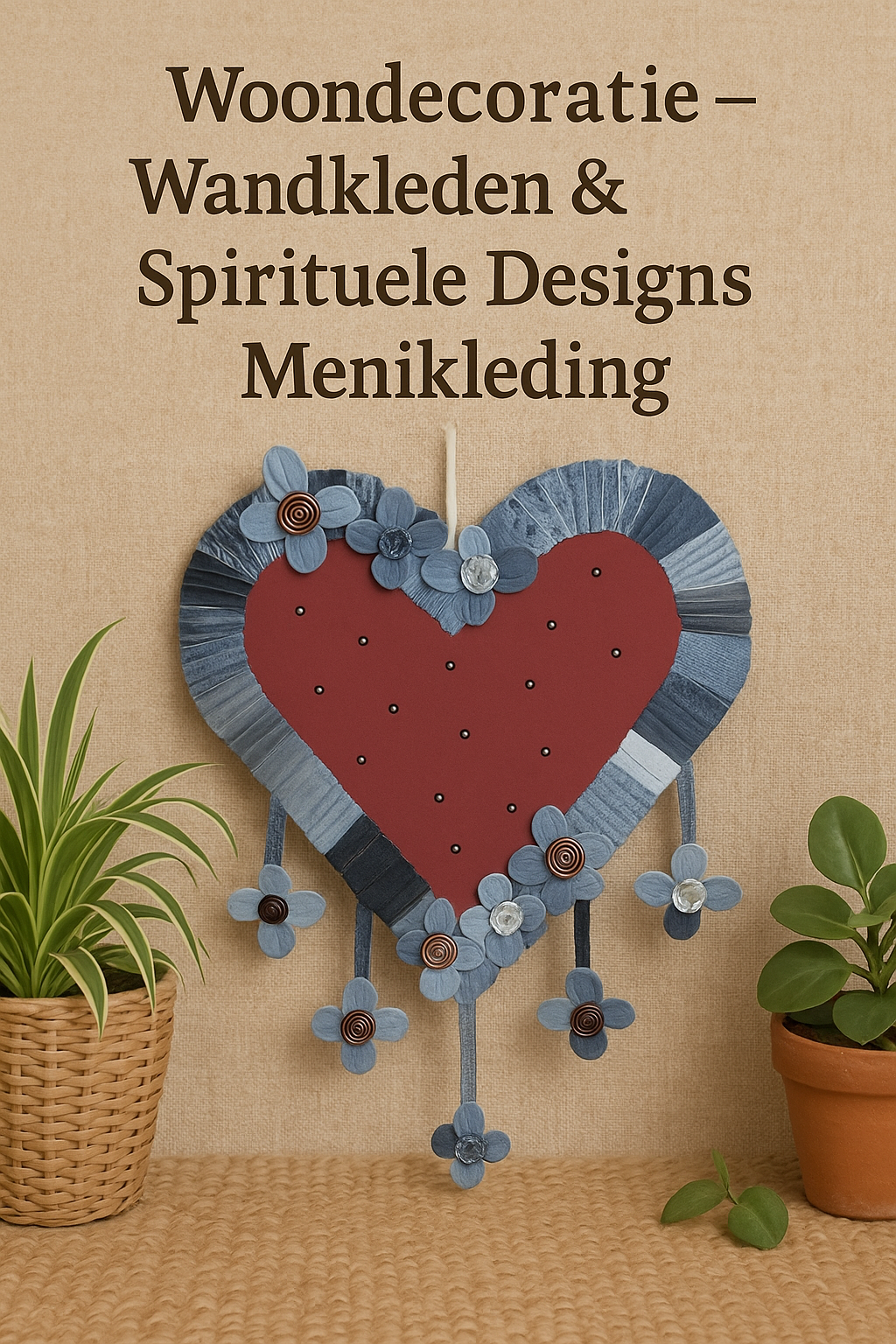 Handgemaakte boho hart wanddecoratie met denim bloemen, huiselijke woondecoratie banner – Menikleding.