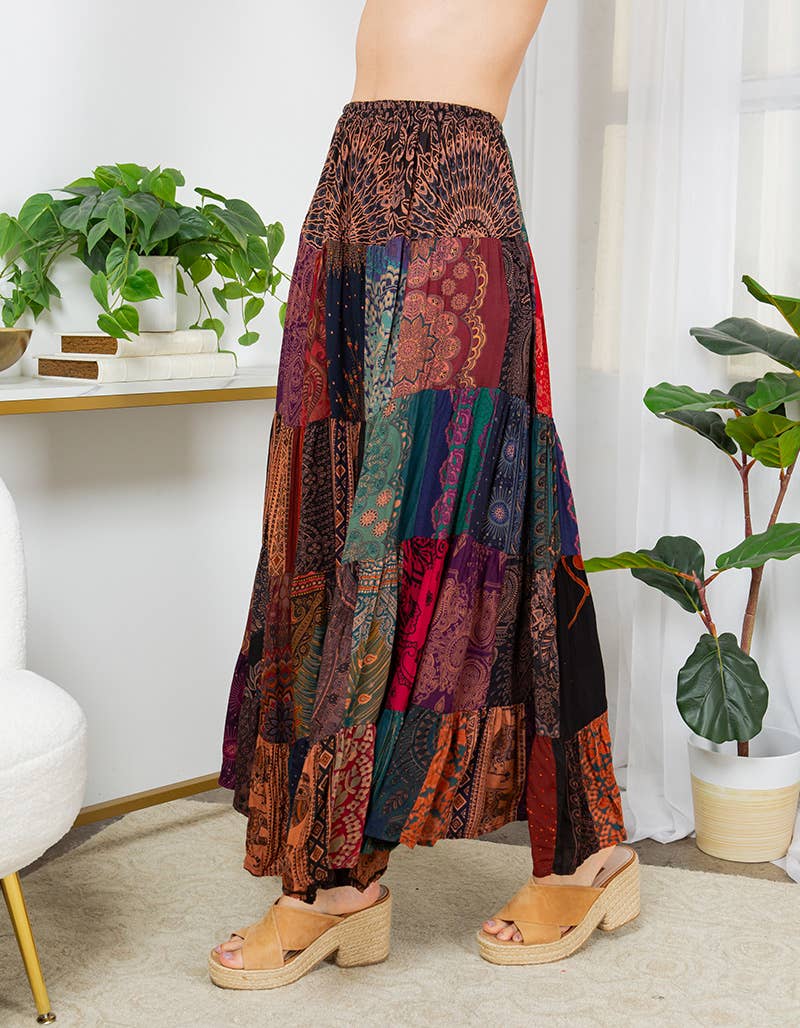 Lange Bohemian Patchwork Maxi-Rok van 100% Rayon – Handgemaakt in Nepal