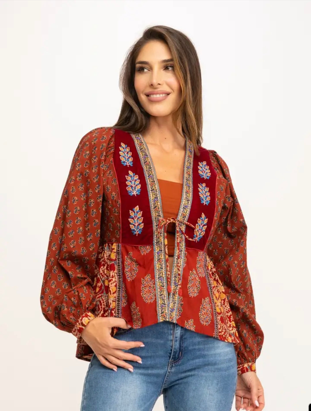 Boho blouse dames rood paisley - etnische print met lange mouwen