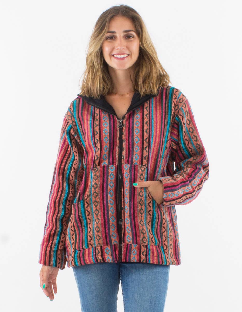 Vooraanzicht jasje:
„Boho dames jasje in Nepalees katoen met ritssluiting – zwart / turkoois variant – Menikleding”