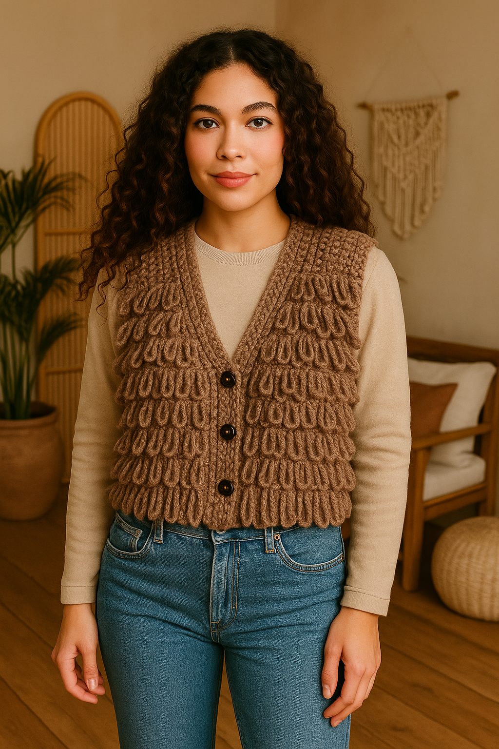 Boho hesje in taupe wolmix met golvende onderrand en pluizige structuur, gecombineerd met crème trui – natuurlijke boho stijl van Menikleding.