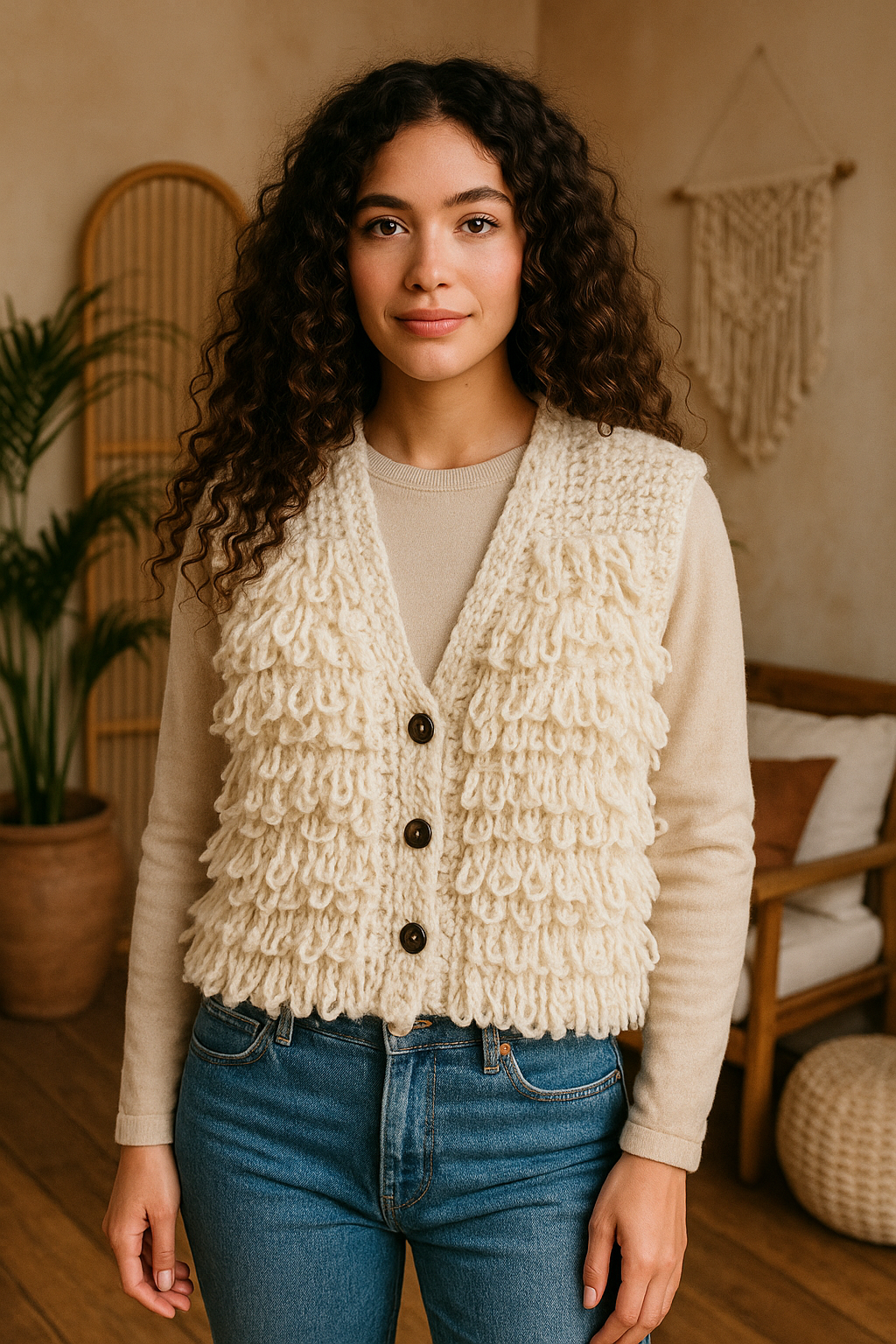 Boho hesje in zachte crème wolmix met golvende onderkant en pluizige textuur, gedragen over een lichte trui – Menikleding handmade style.