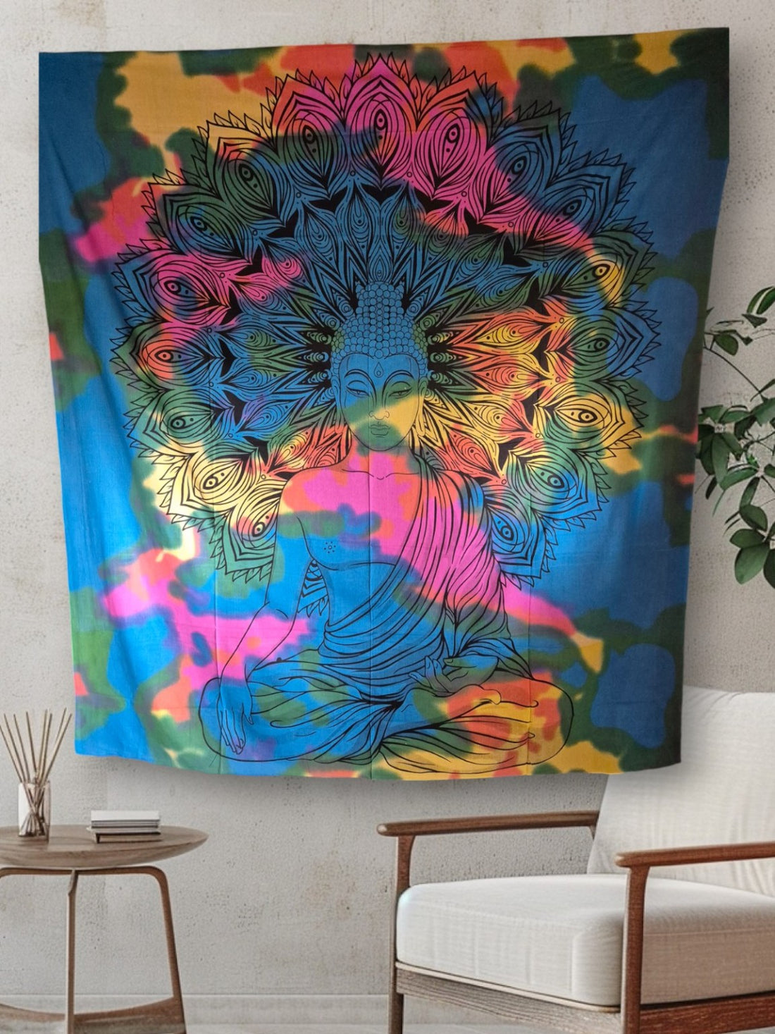 Kleurrijk Boeddha wandkleed met lotus mandala aura – boho tie-dye tapestry handmade India voor woondecoratie Menikleding