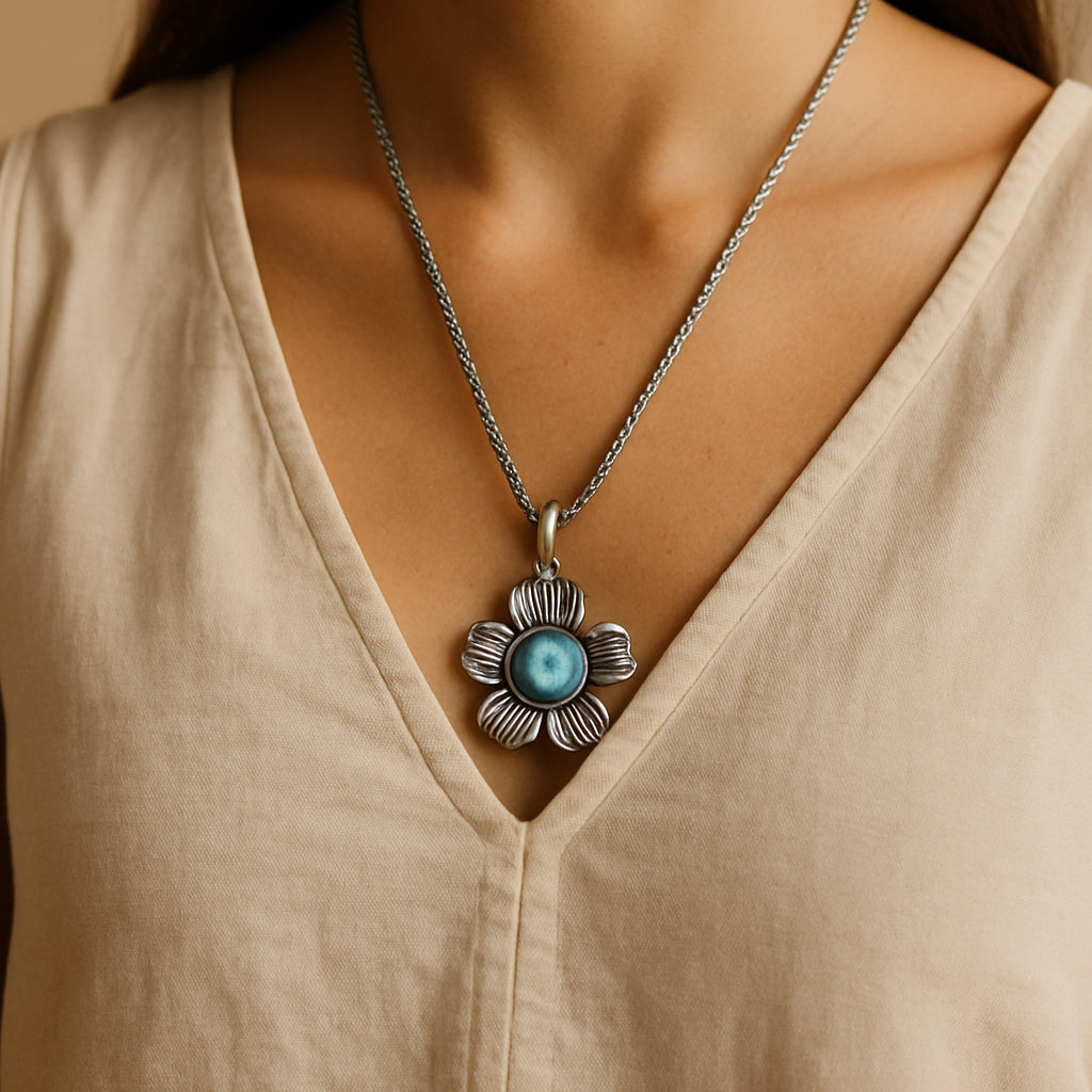 Model draagt boho ketting met bloemhanger en turquoise steen – stijlvolle handgemaakte bohemian accessoire