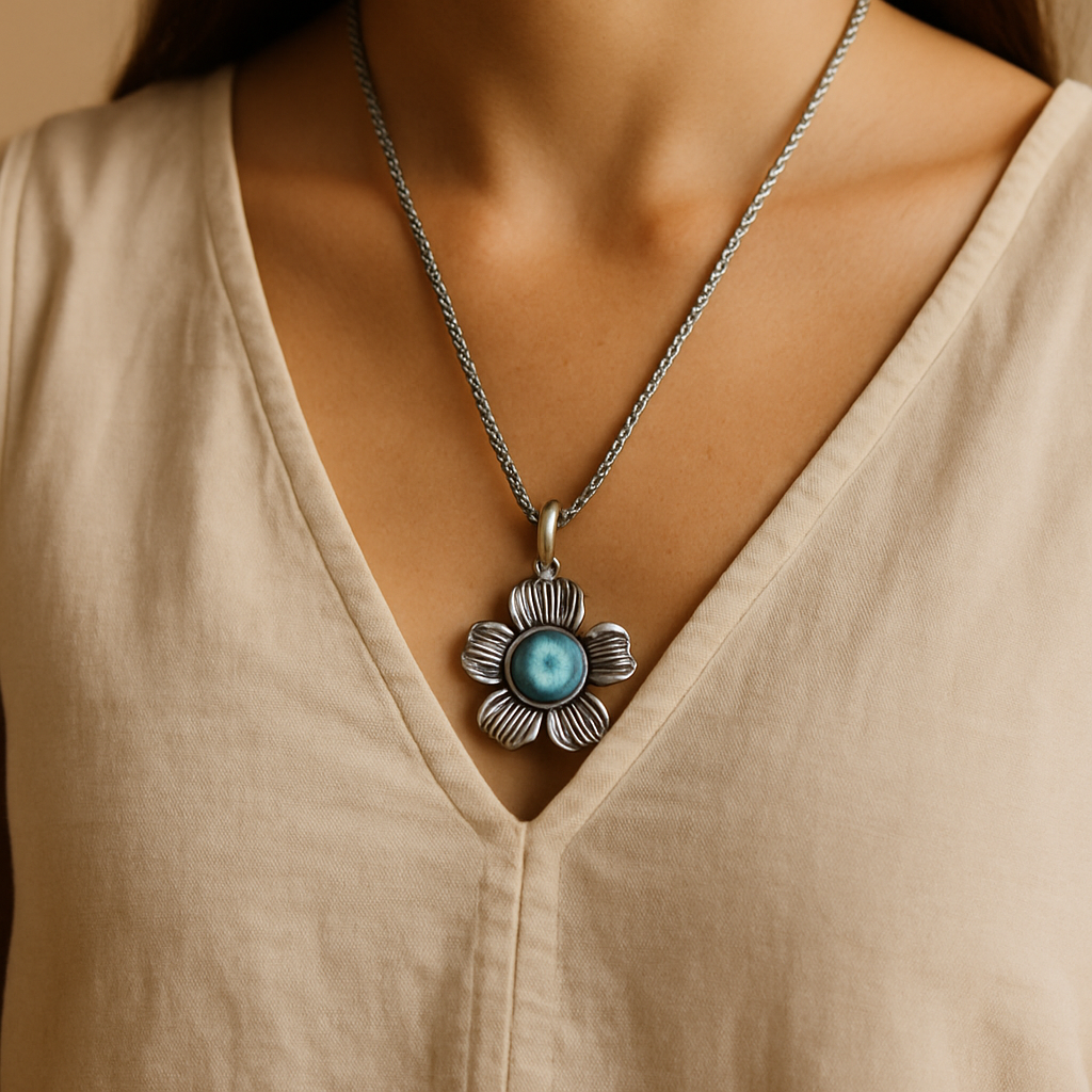 Model draagt boho ketting met bloemhanger en turquoise steen – stijlvolle handgemaakte bohemian accessoire