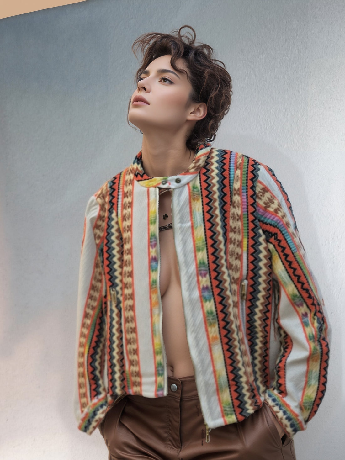 Model draagt cream boho Aztec jasje met kleurrijke strepen.
