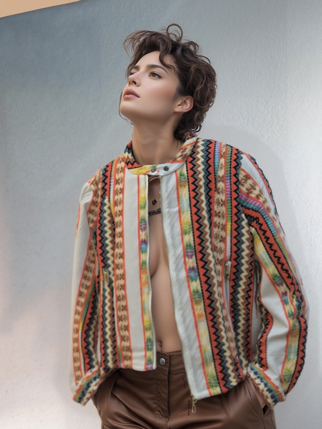 Model draagt cream boho Aztec jasje met kleurrijke strepen.
