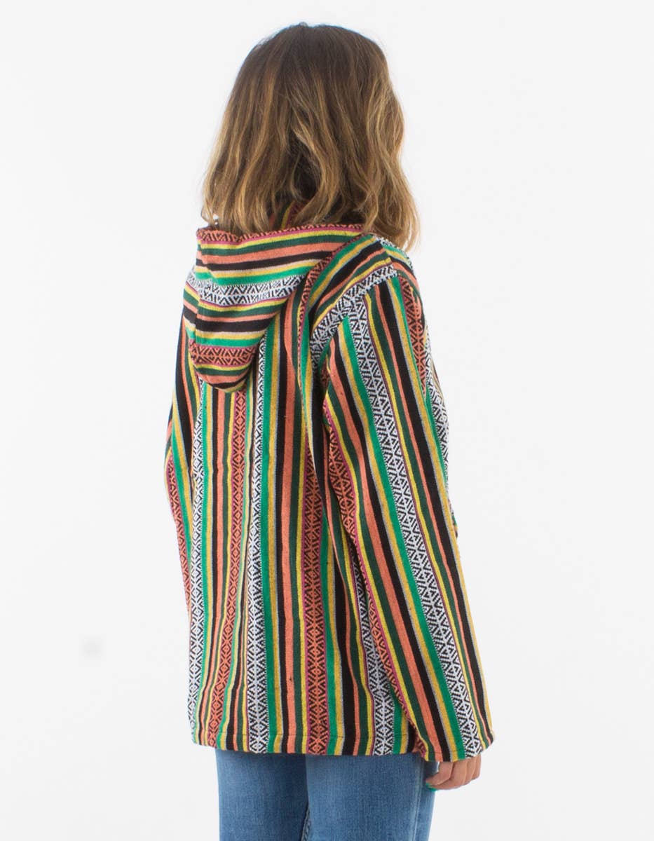 Achterkant van multicolor boho hoodie met gestreept etnisch patroon en capuchon – Menikleding.