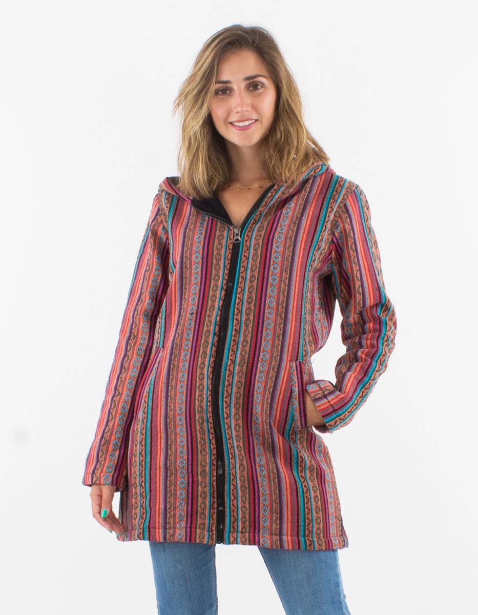 Dames boho hoodie in multicolor strepen met capuchon – voorkant – handgemaakt Nepal | Menikleding