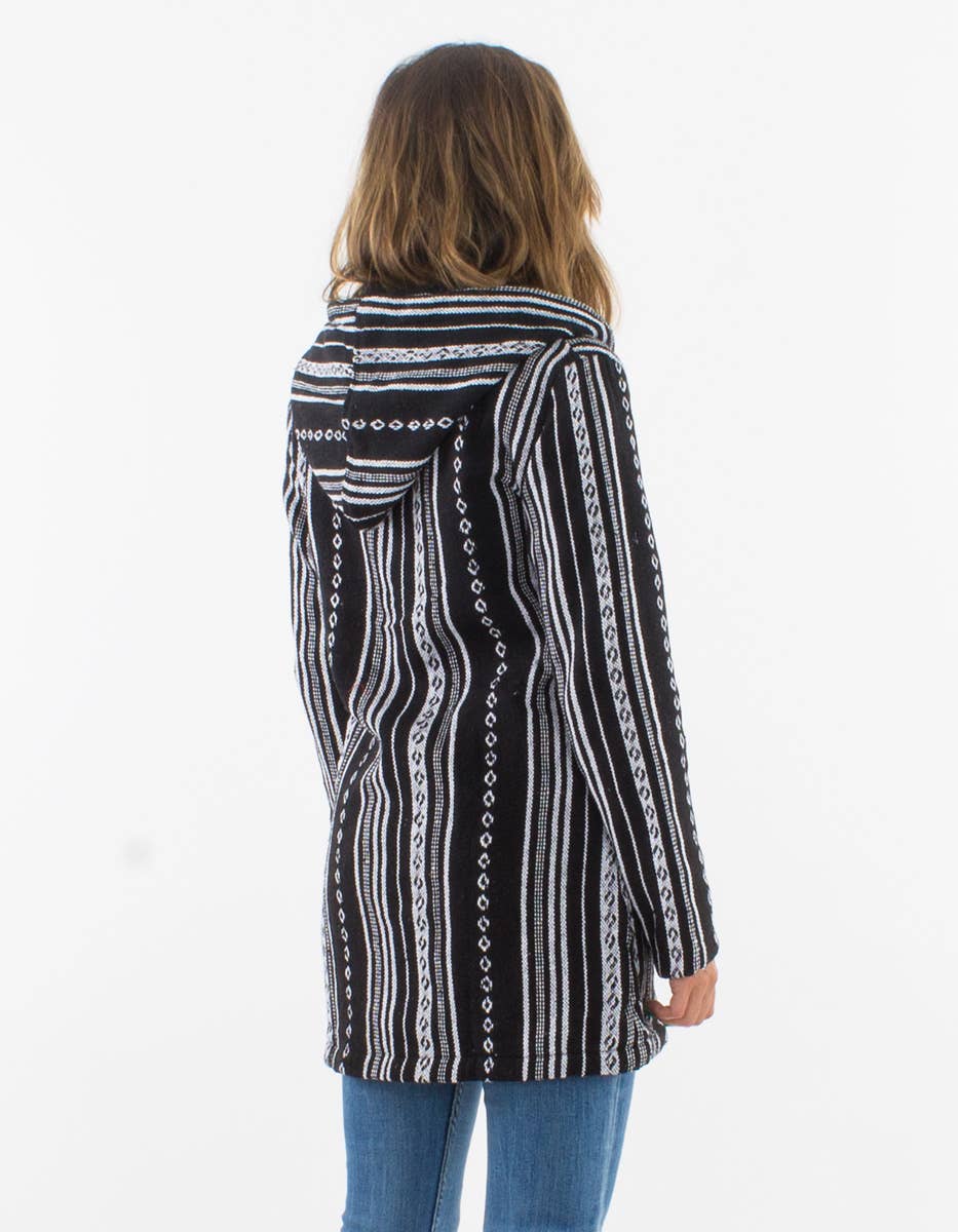 Dames boho hoodie zwart wit – achterzijde met etnische strepen en capuchon, handgemaakt Nepalees katoen – Menikleding