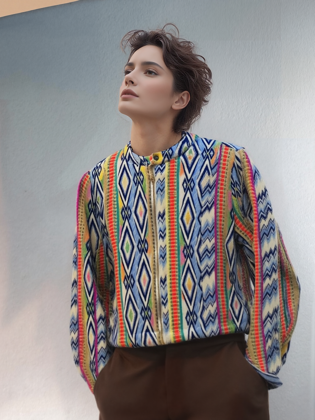 Unisex model draagt kleurrijk boho jasje met Aztec patronen.
